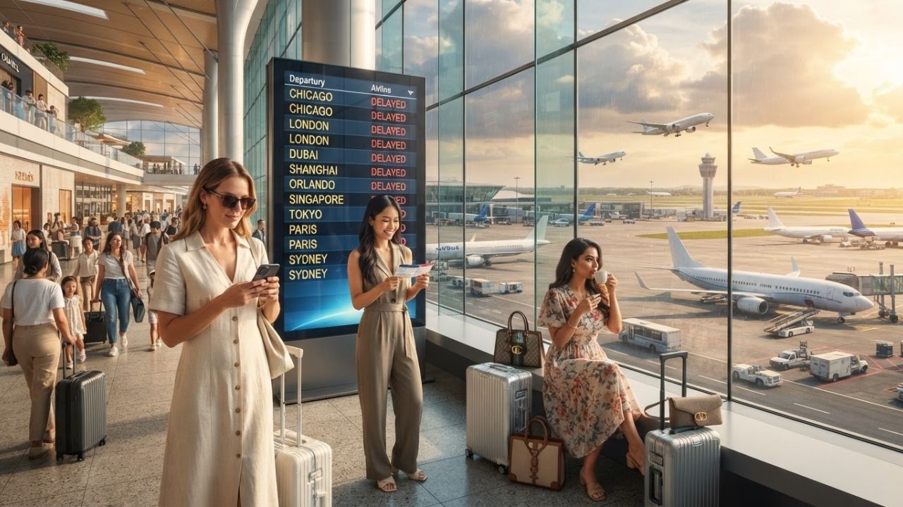 Crowded check-in area at a major international airport during summer travel surge