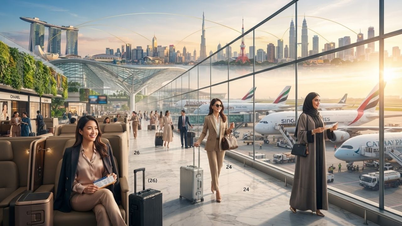 A next-generation passenger airplane ascending into the sky above a modern sustainable airport terminal