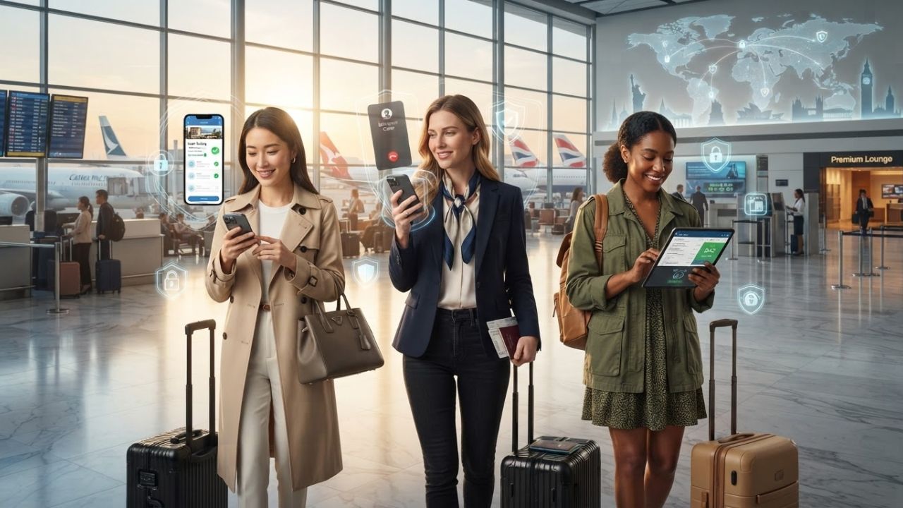 A traveler looking at a mobile phone screen displaying warning alerts inside a modern airport terminal