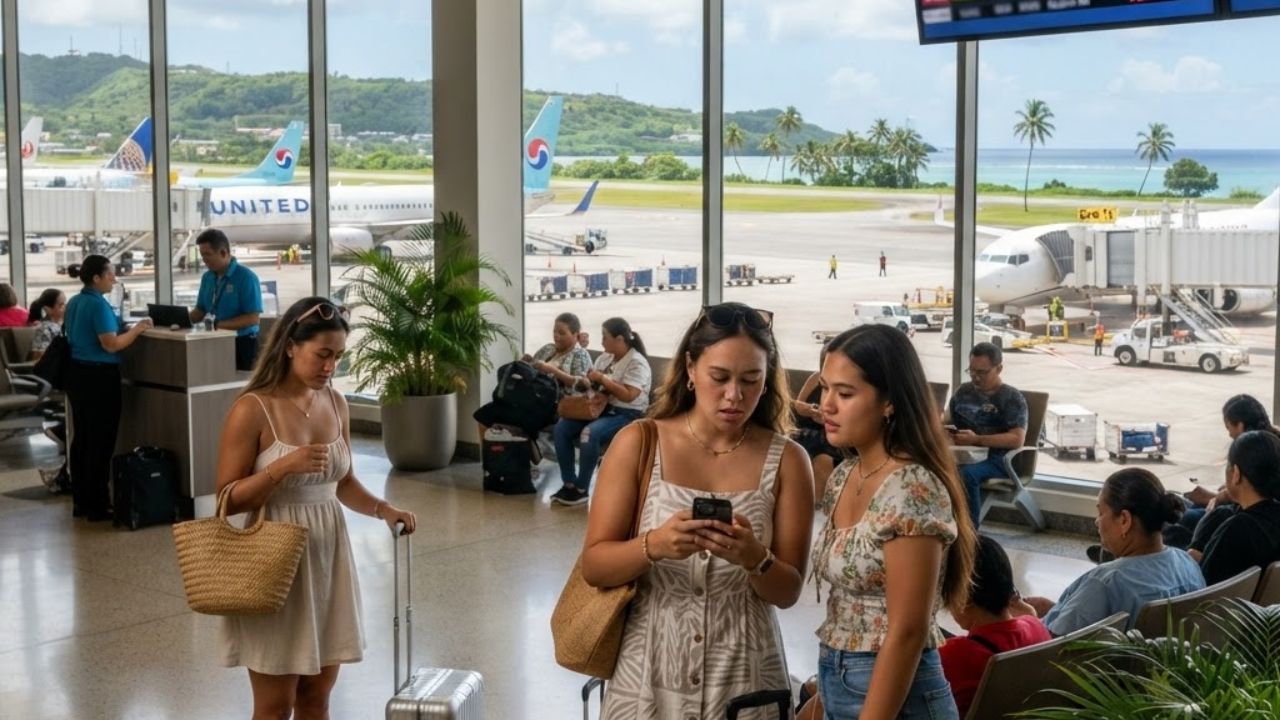 A commercial jet landing at Antonio B. Won Pat International Airport in Guam during a clear afternoon
