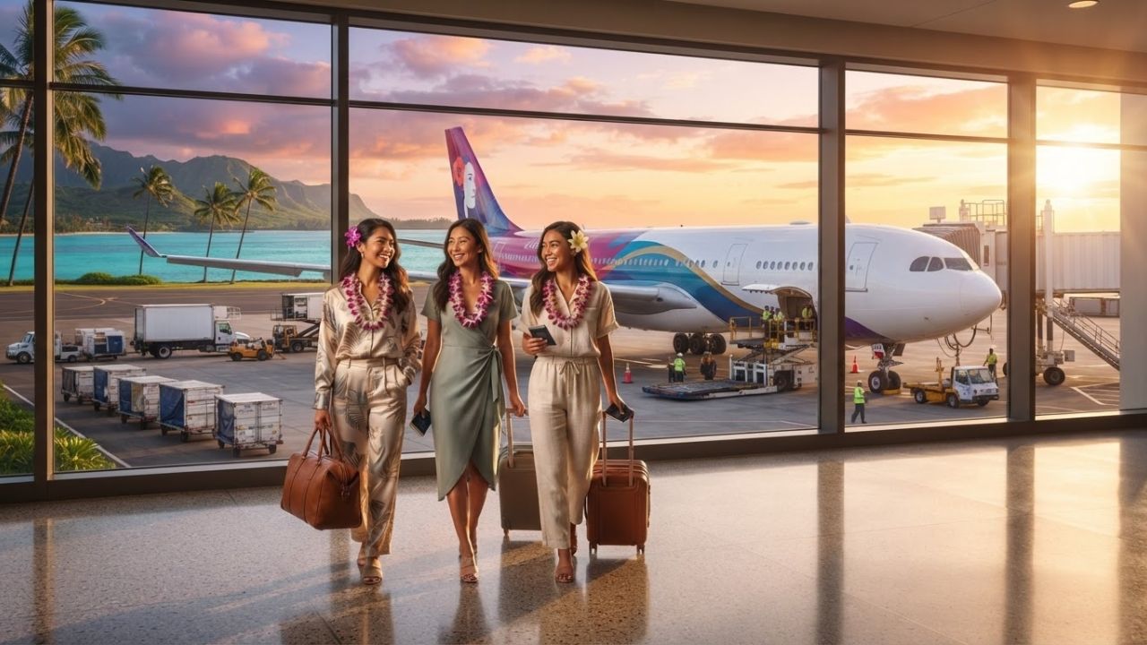 A Hawaiian Airlines Airbus A330 featuring the custom oneworld livery flying above a tropical ocean coast