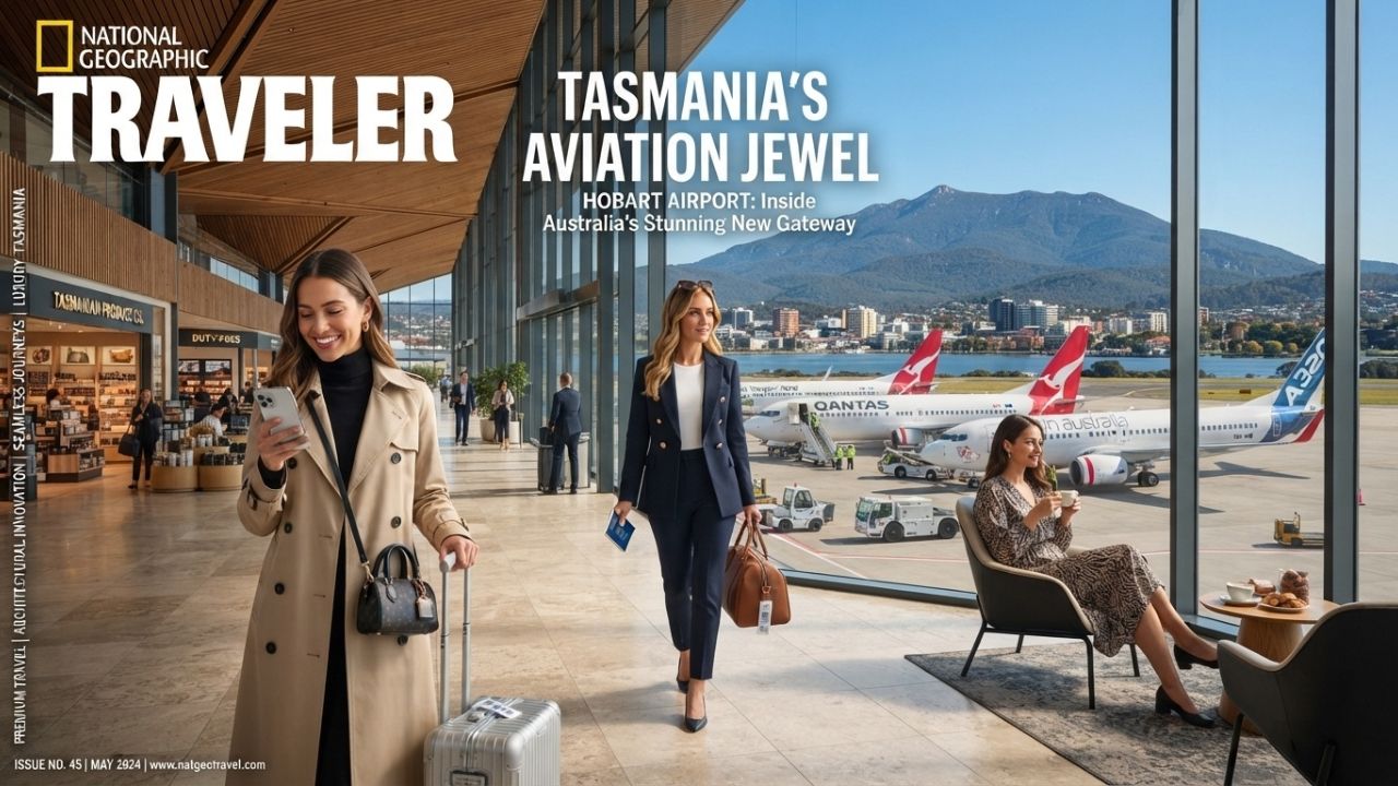 Modern glass passenger terminal arrivals hall at Hobart Airport in Tasmania Australia