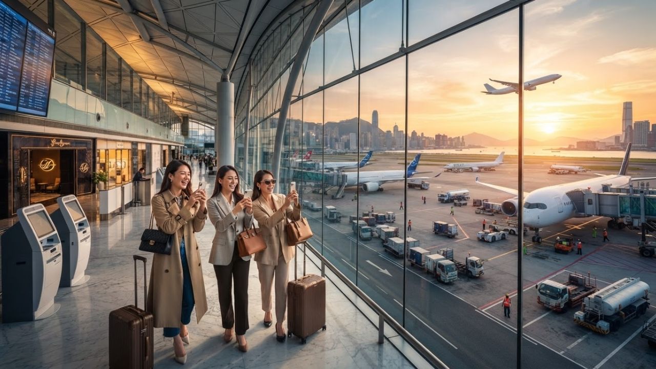 An aerial view of Hong Kong International Airport showing terminals and runways at sunset