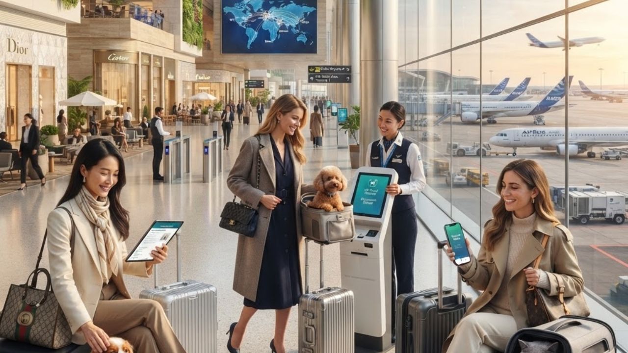 A small dog sitting comfortably inside an airline-approved pet carrier under an airplane seat