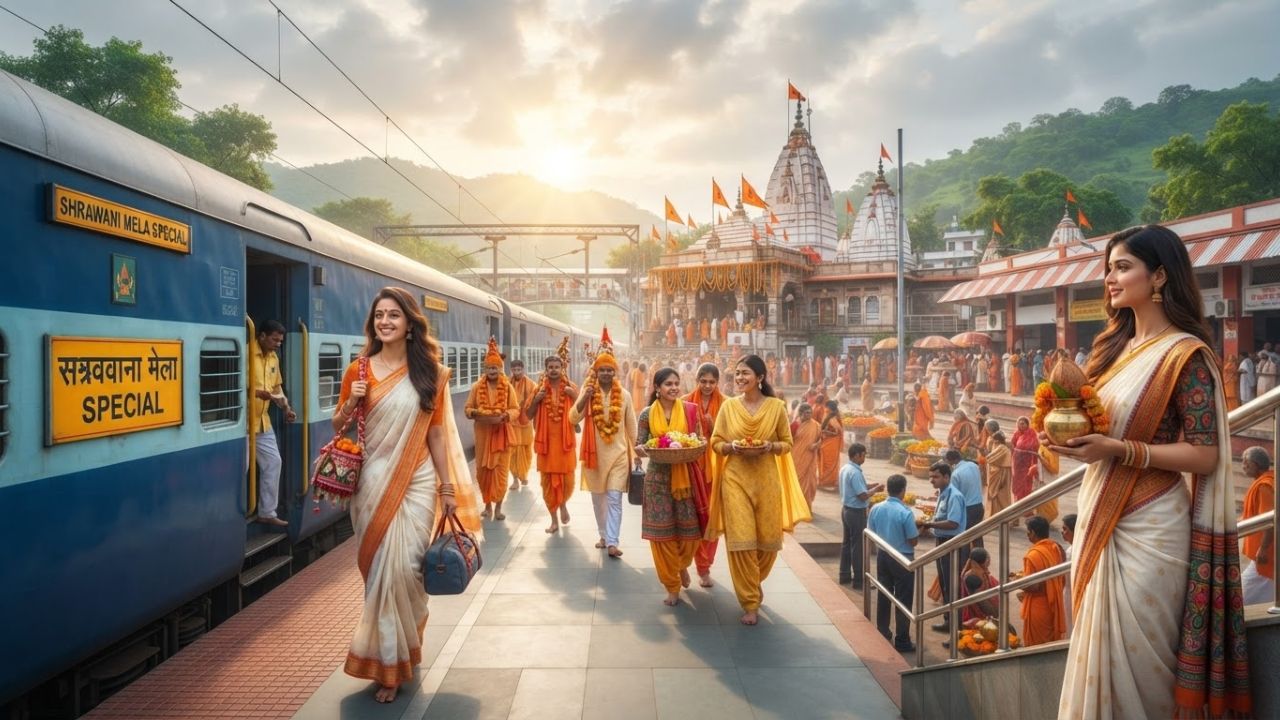 Indian Railways passenger train operating special services for Shrawani Mela 2026 pilgrims traveling to Baba Baidyanath Temple in Deoghar.