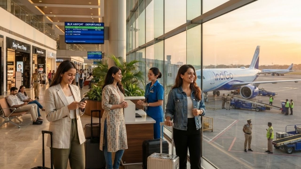 An IndiGo commercial Airbus aircraft parked at the boarding gate under airport floodlights