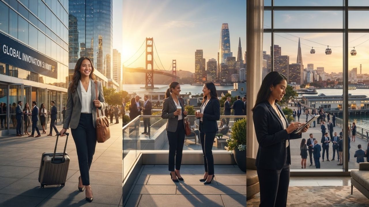San Francisco skyline and corporate conference center backdrop highlighting MGME acquisition and global MICE travel growth.
