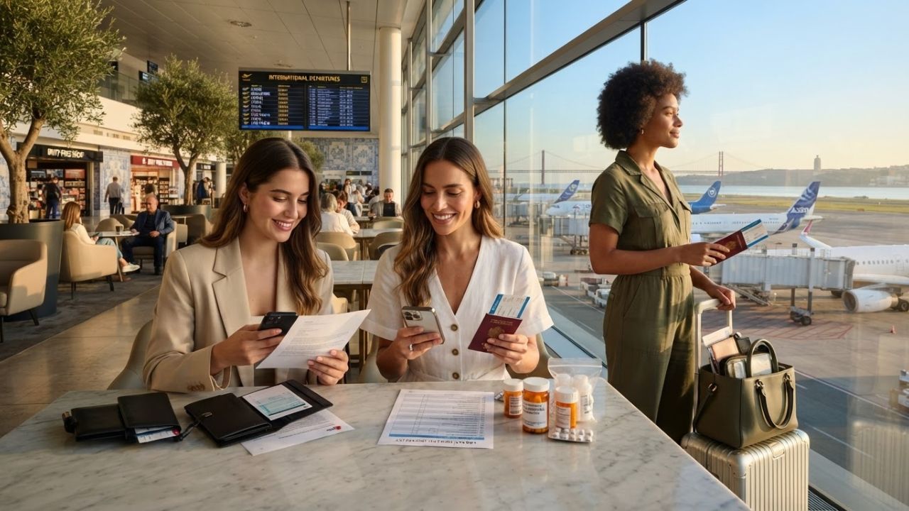 A traveler placing a small bottle of prescription medicine and a passport into hand luggage at an airport check-in counter