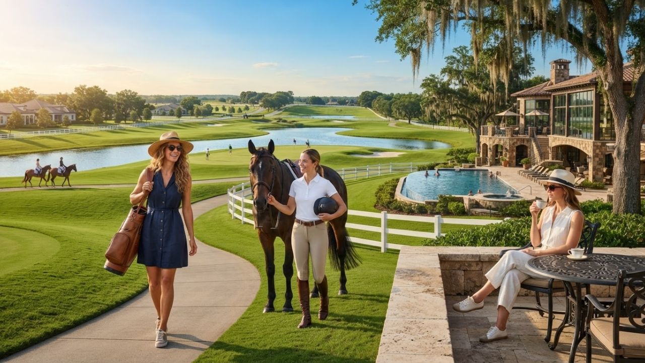 Luxury clubhouse overlooking spring-fed quarry lake on Florida golf course