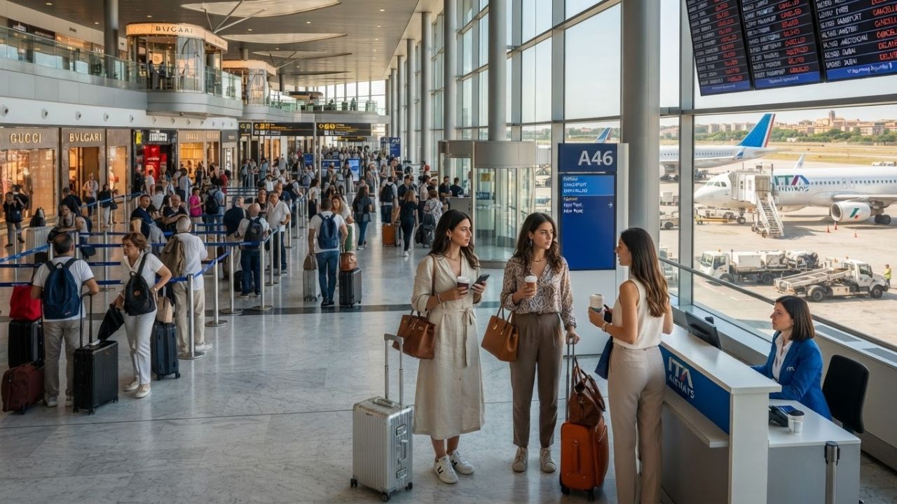 Departures board showing delayed and canceled flights at an Italian airport terminal