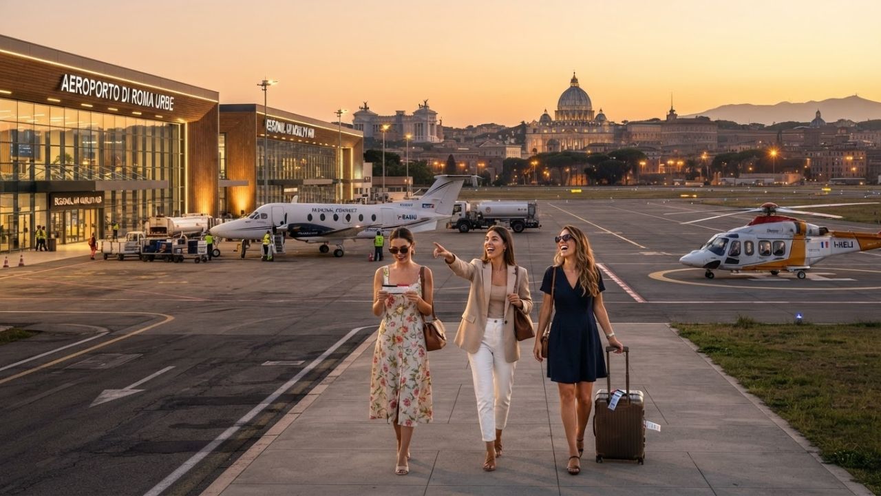 A regional turboprop aircraft parked outside a modern terminal building at sunset