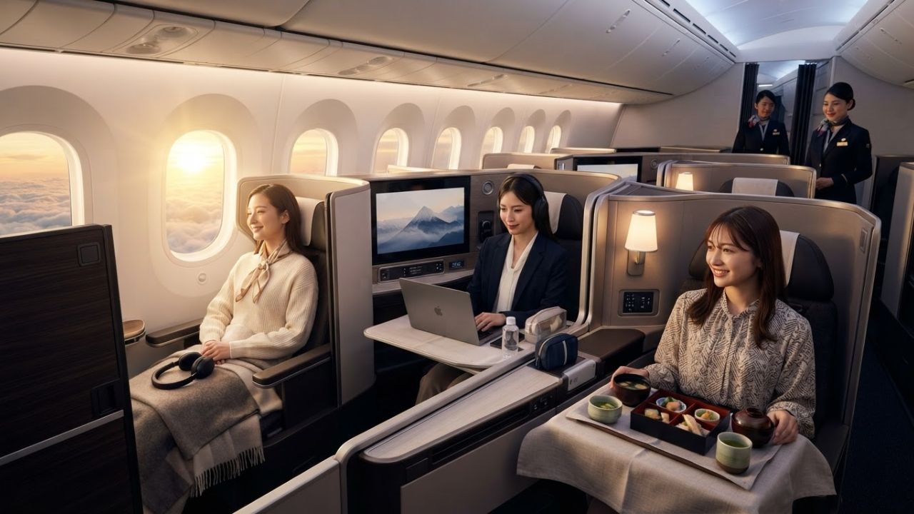 A side-by-side view of a modern enclosed business class suite with sliding doors