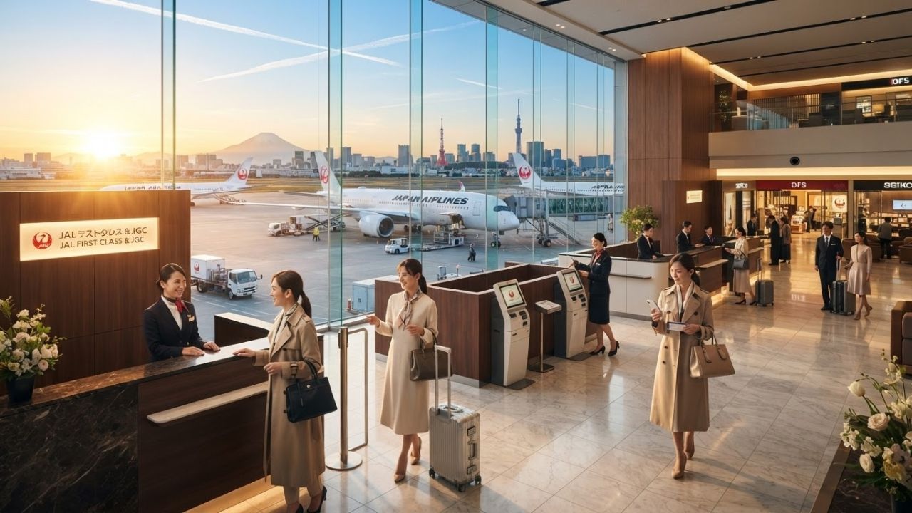 Modern premium check-in lobby and exclusive desks of Japan Airlines at Tokyo Haneda Airport Terminal 1