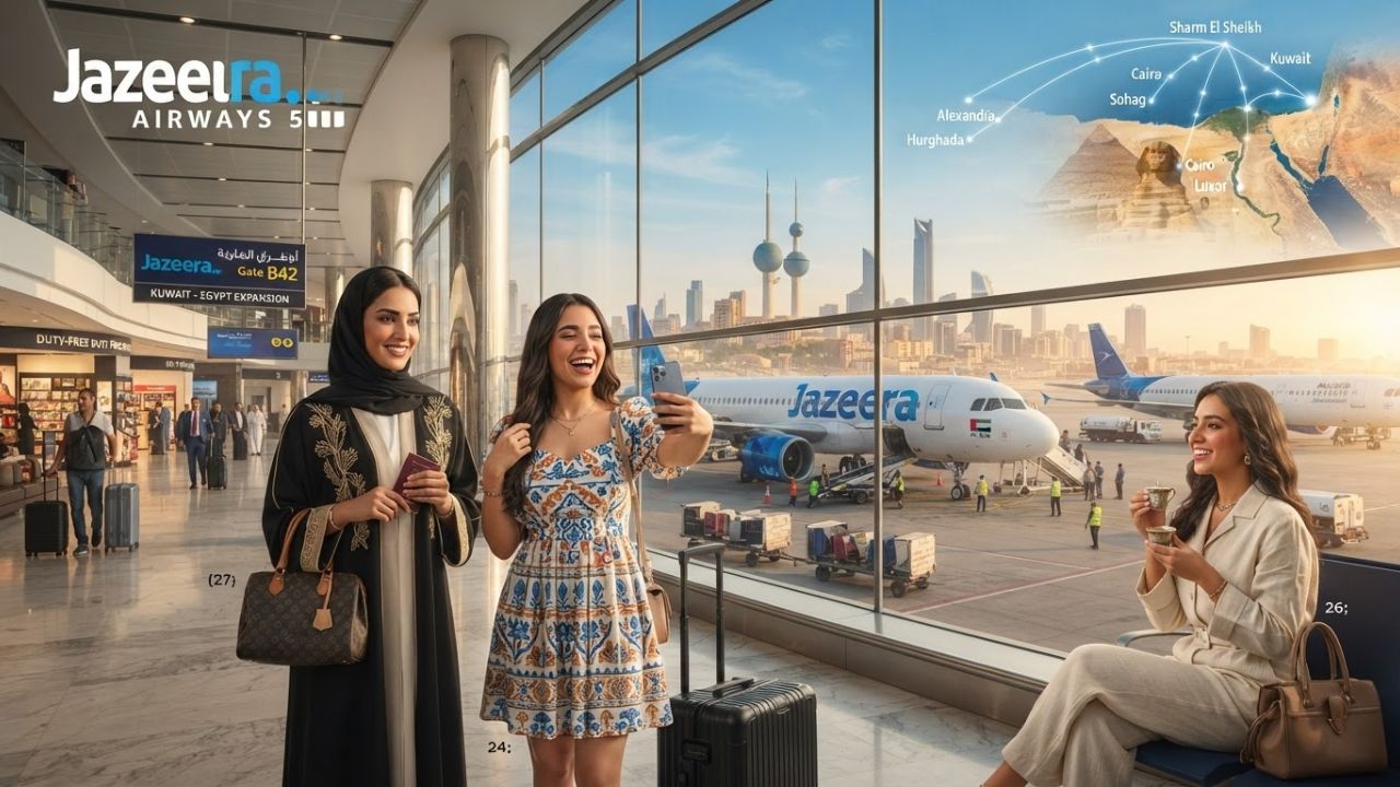 A passenger airplane taxies past the terminal at Kuwait International Airport under bright sunshine