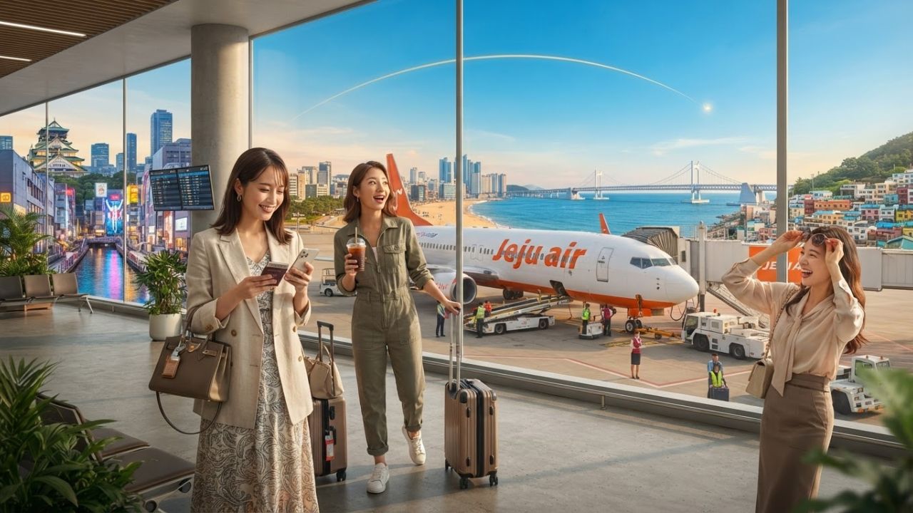Jeju Air passenger jet taxiing near terminal at Kansai International Airport in Osaka