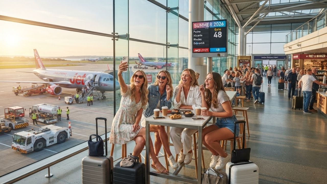 A Jet2 aircraft parked at a terminal boarding gate during summer holidays