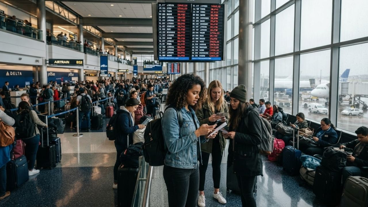 Crowded terminal at John F. Kennedy International Airport with flight status board showing cancellations and delays