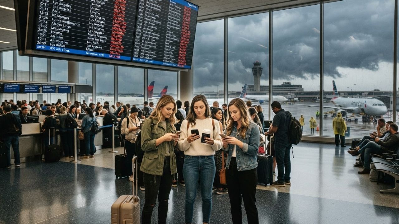 Long passenger queues at JFK Airport terminal gates with departure boards showing multiple cancellations