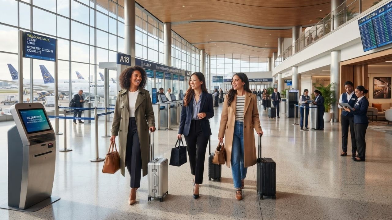A conceptual architectural rendering of JFK Airport's new modern international Terminal One passenger lobby