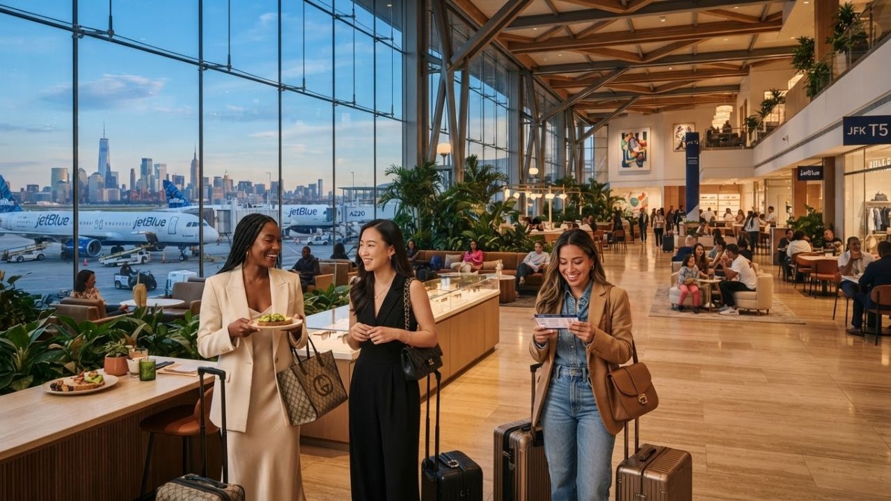 A modern airport terminal concourse with clean floors, seating areas, and retail shops under a high ceiling
