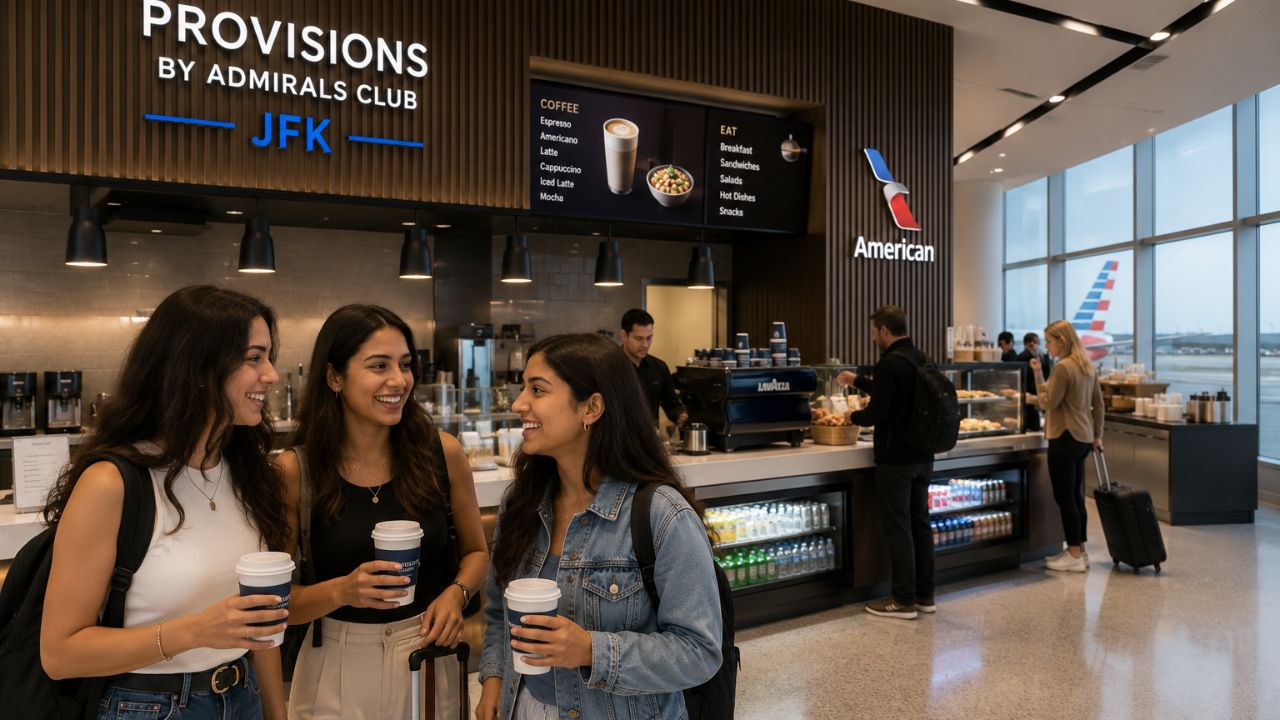 A modern airport lounge coffee bar with baristas preparing drinks