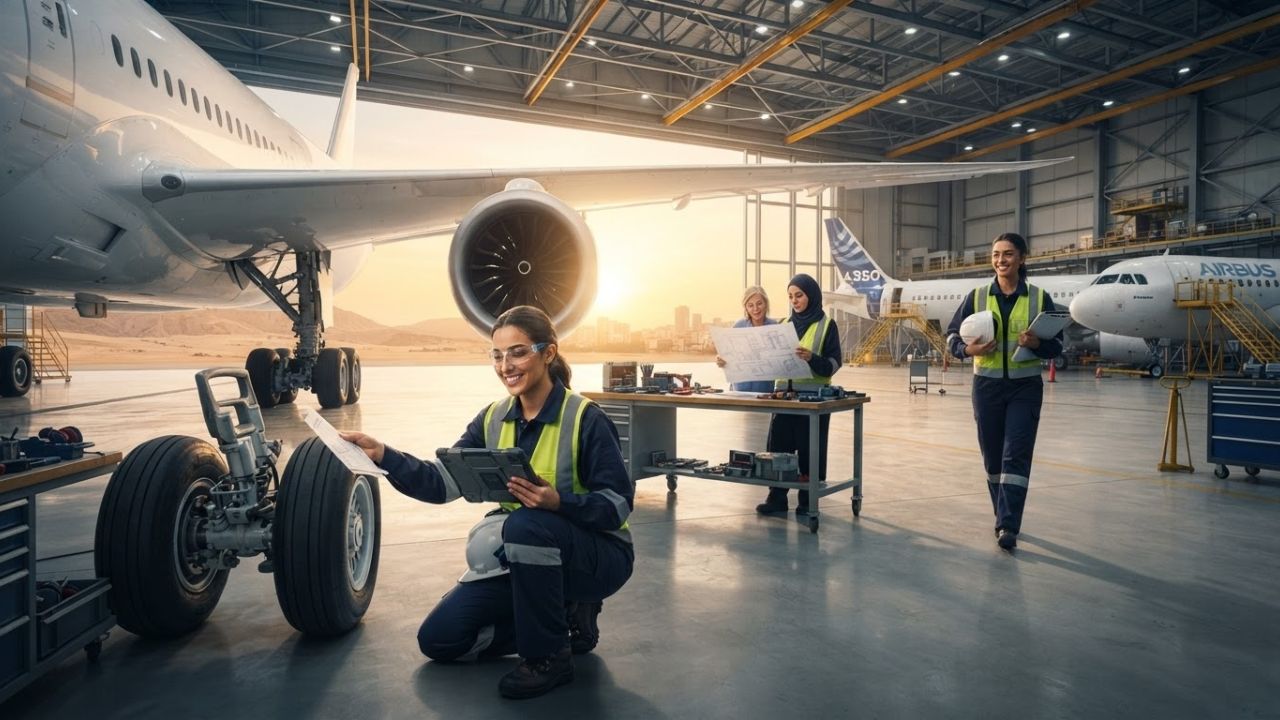 A large commercial aircraft inside a brightly lit maintenance hangar surrounded by scaffolding and engineering equipment