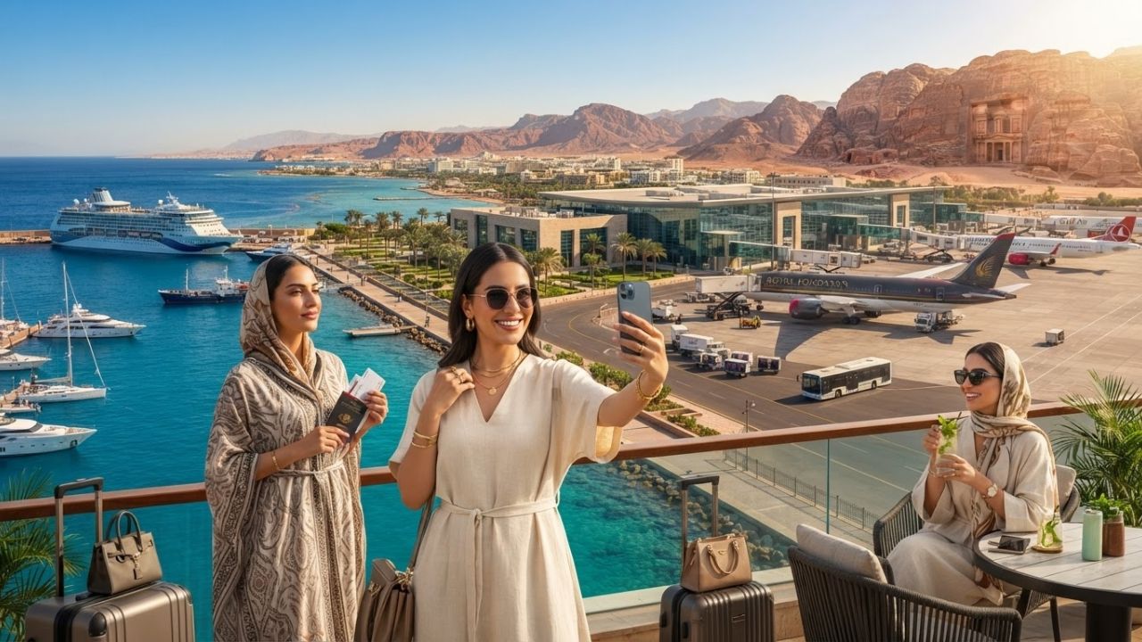 A scenic view of the coastal city of Aqaba on the Red Sea in Jordan
