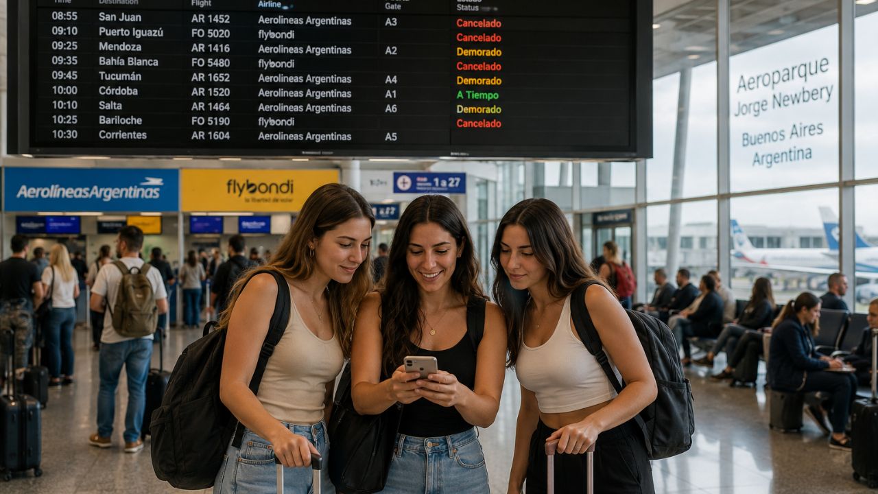 A passenger terminal interior at Jorge Newbery Airport with display monitors showing boarding schedules