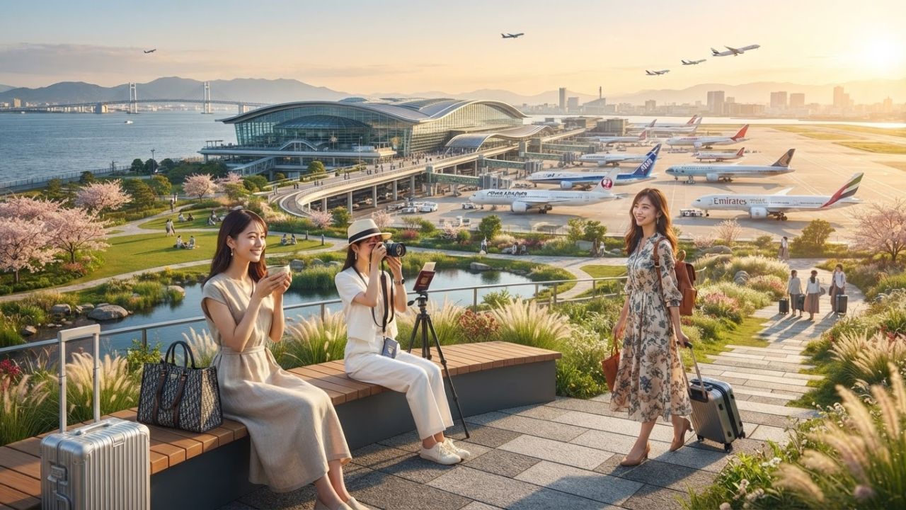 Manicured green pathways of the waterfront park at Kansai Airport with runway views