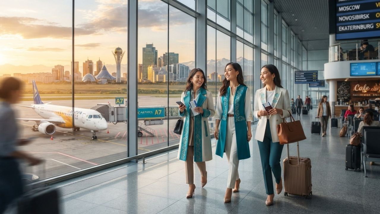 A commercial jet landing on the runway under bright clear skies in Astana Kazakhstan