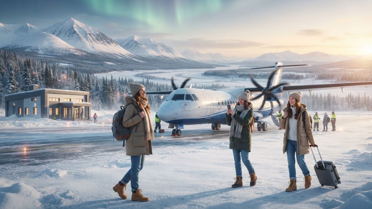 A regional turboprop aircraft landing on a snowy unpaved runway in the Siberian tundra