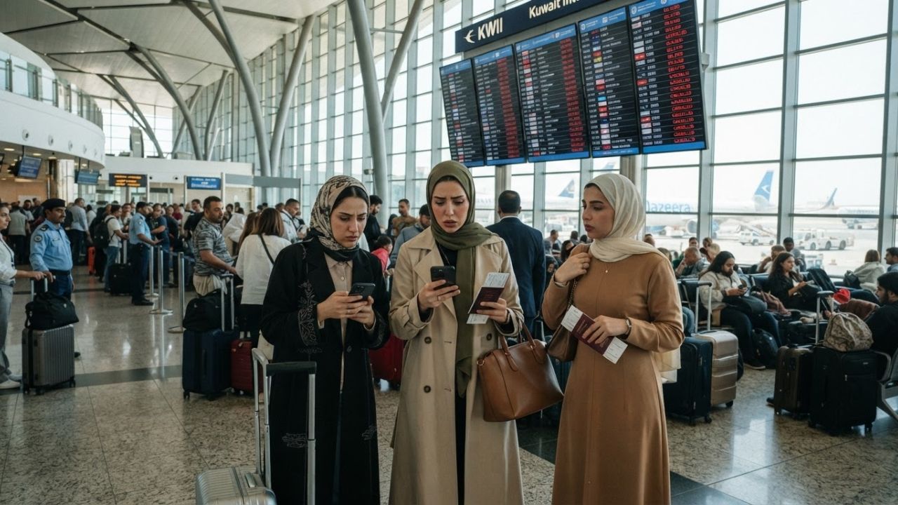 Departures board showing flight delays and cancellations at Kuwait International Airport