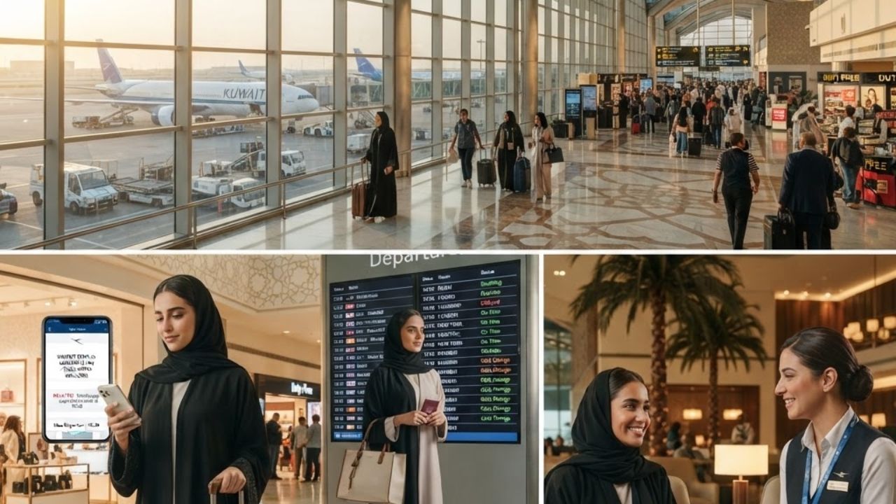 A passenger terminal lobby showing travelers waiting with their luggage near boarding gates