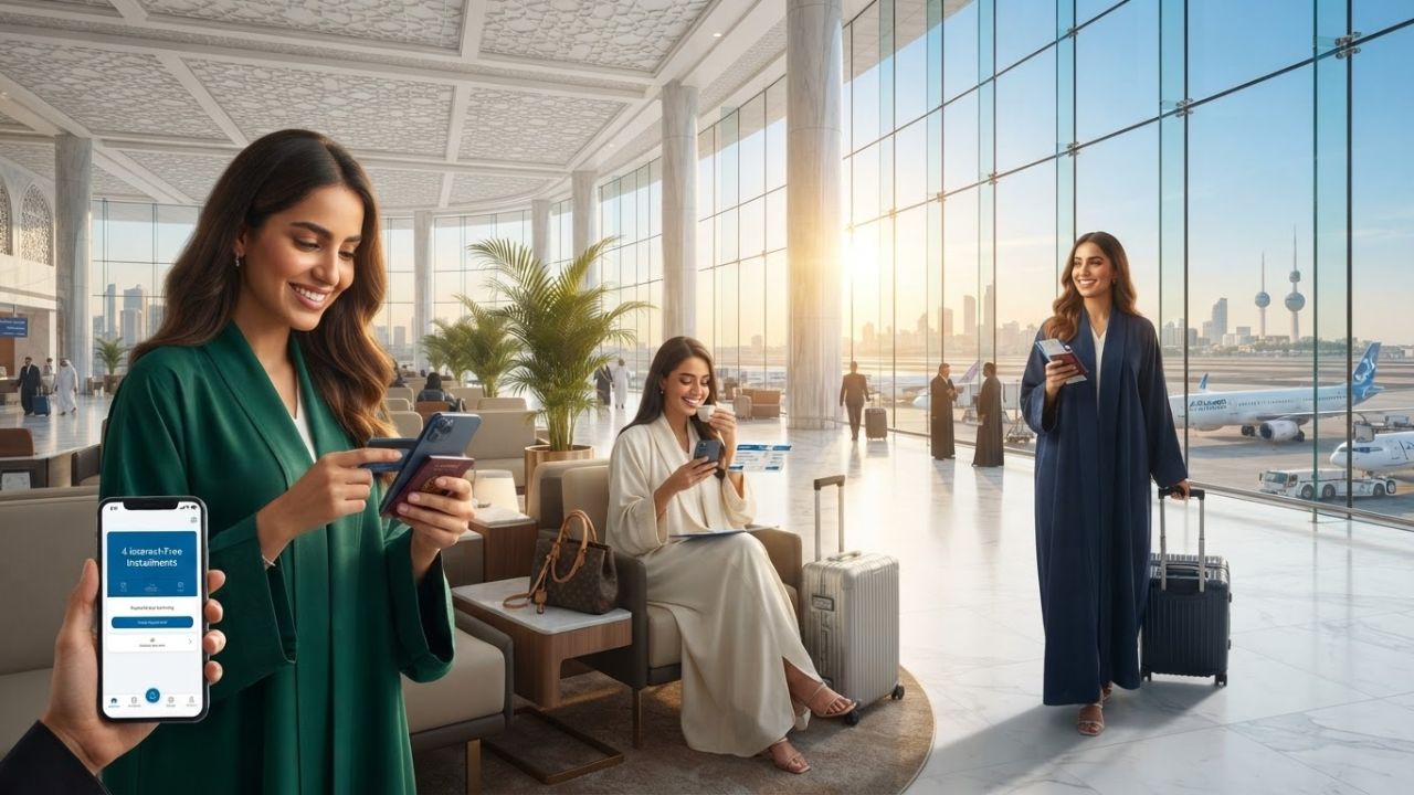 A traveler holding a mobile phone displaying a boarding pass inside a modern airport terminal lobby