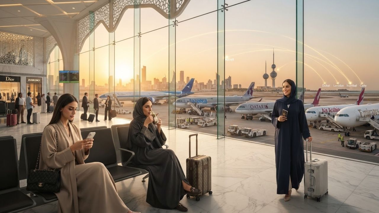 Commercial widebody passenger aircraft taxiing past the modern terminal gates of Kuwait International Airport
