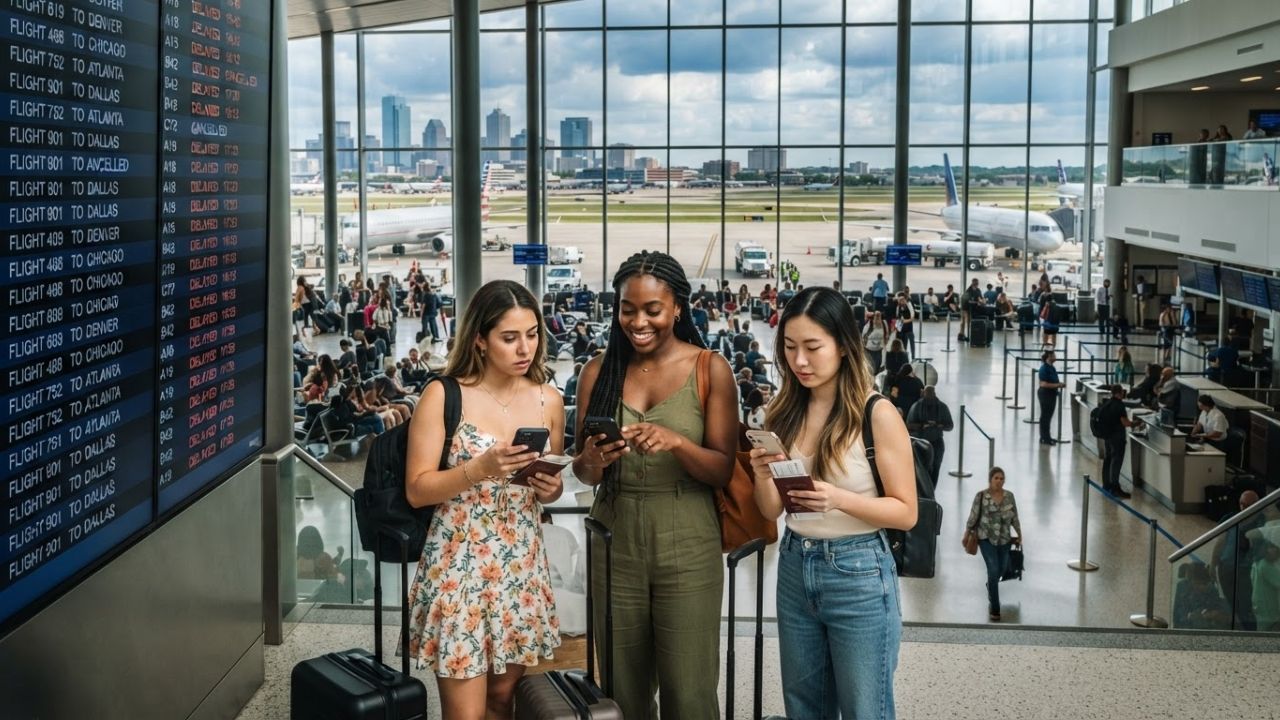 A busy check-in counter at LaGuardia Airport with passengers queuing with luggage