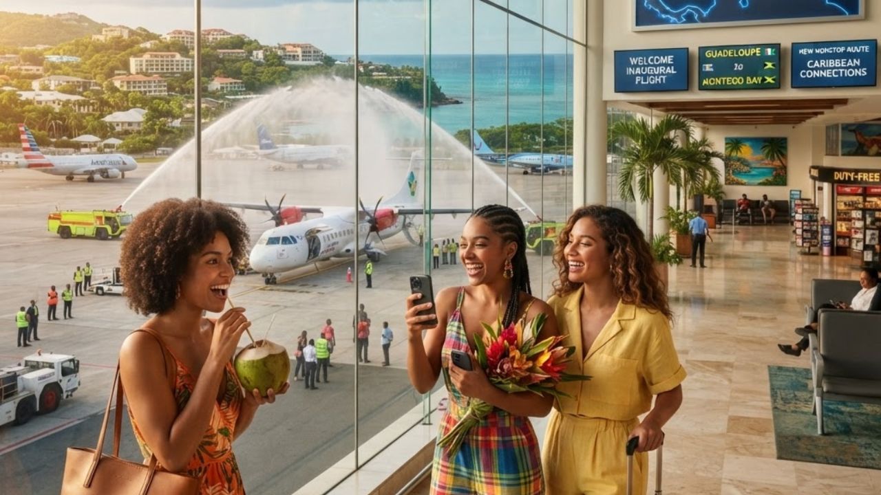 A regional turboprop passenger plane taxiing on the runway under bright Caribbean sunshine