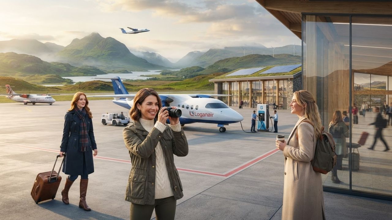 A sleek white electric regional aircraft parked at a terminal gate under cloudy skies in Scotland