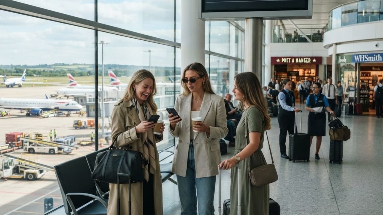 A view of the passenger departure terminal gates at London Gatwick Airport during a busy summer day