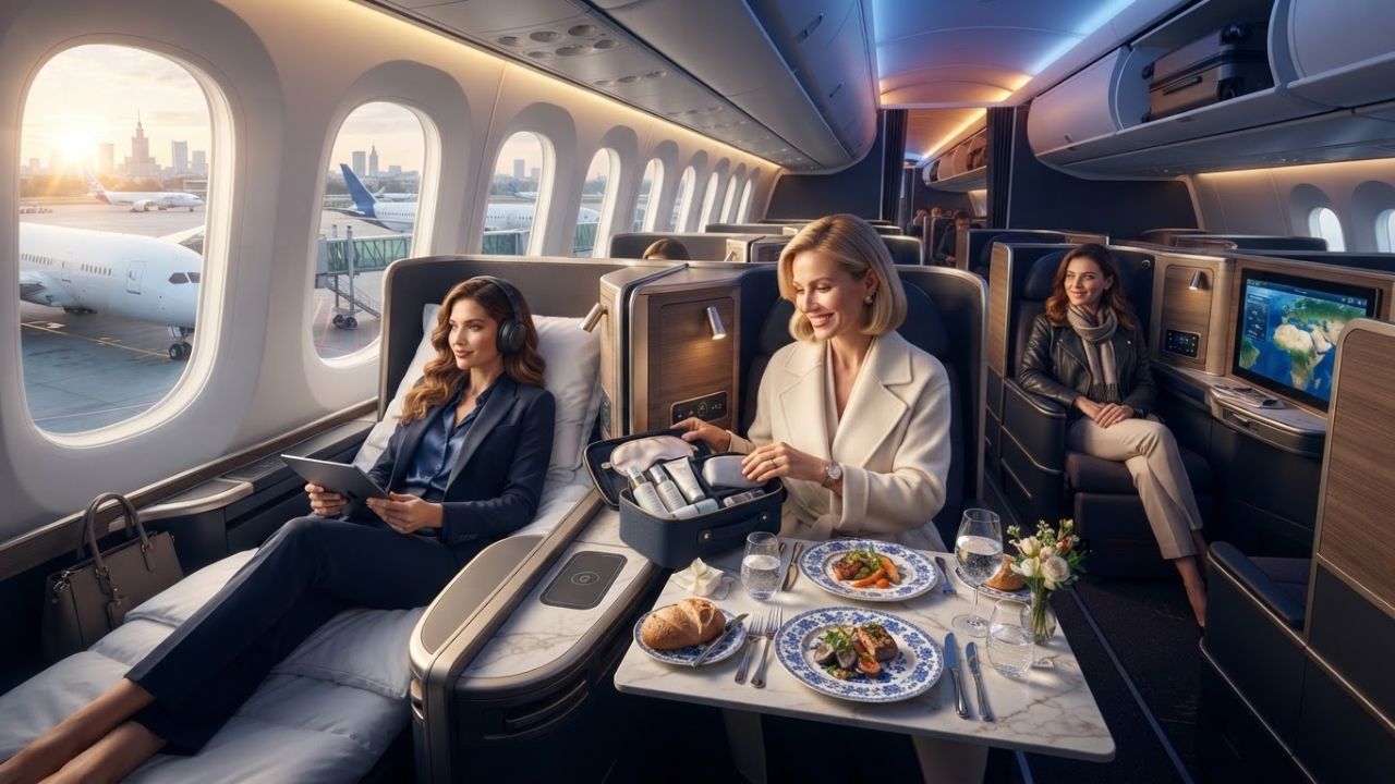 A detailed view of premium artisanal ceramic tableware and skincare products in a business class cabin
