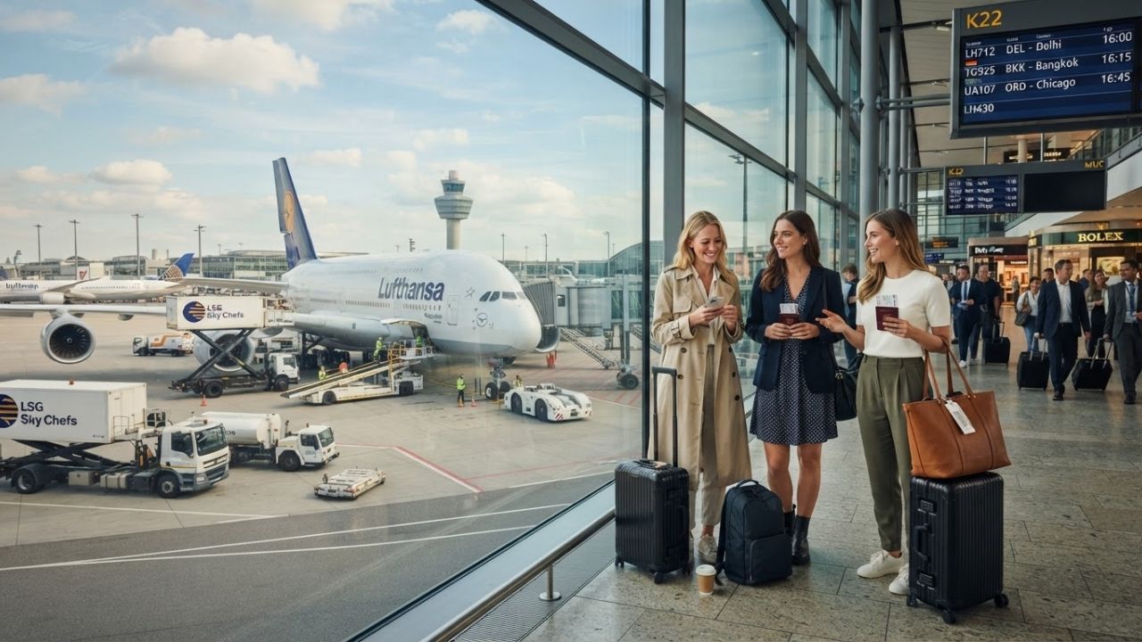 A Lufthansa Airbus A380 superjumbo aircraft taxing on the runway at Munich Airport
