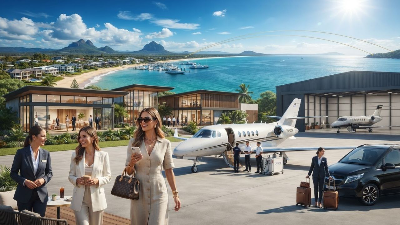 Private luxury charter jet aircraft parked at Sunshine Coast Airport FBO terminal