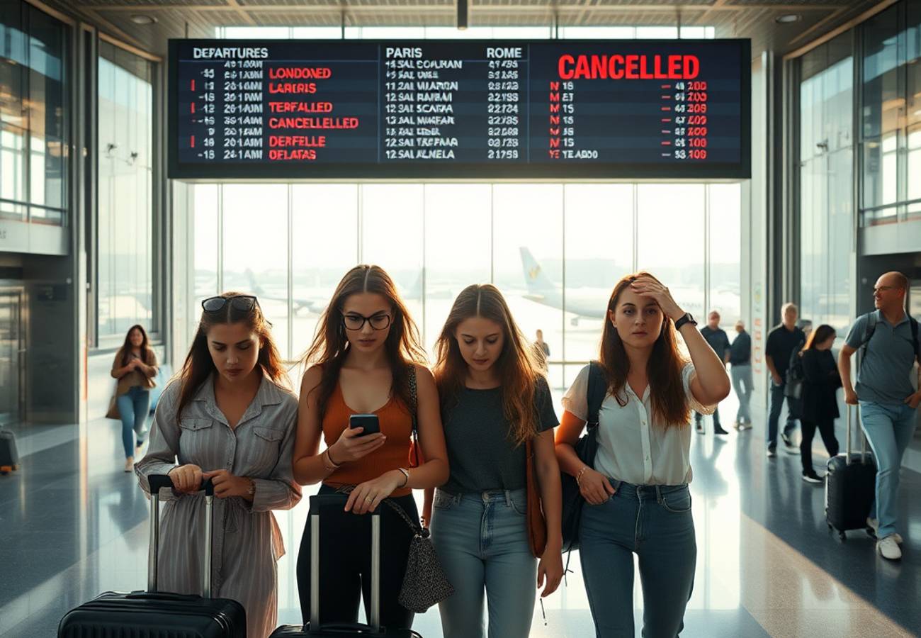 Madrid-Barajas Airport terminal with departures board showing delays