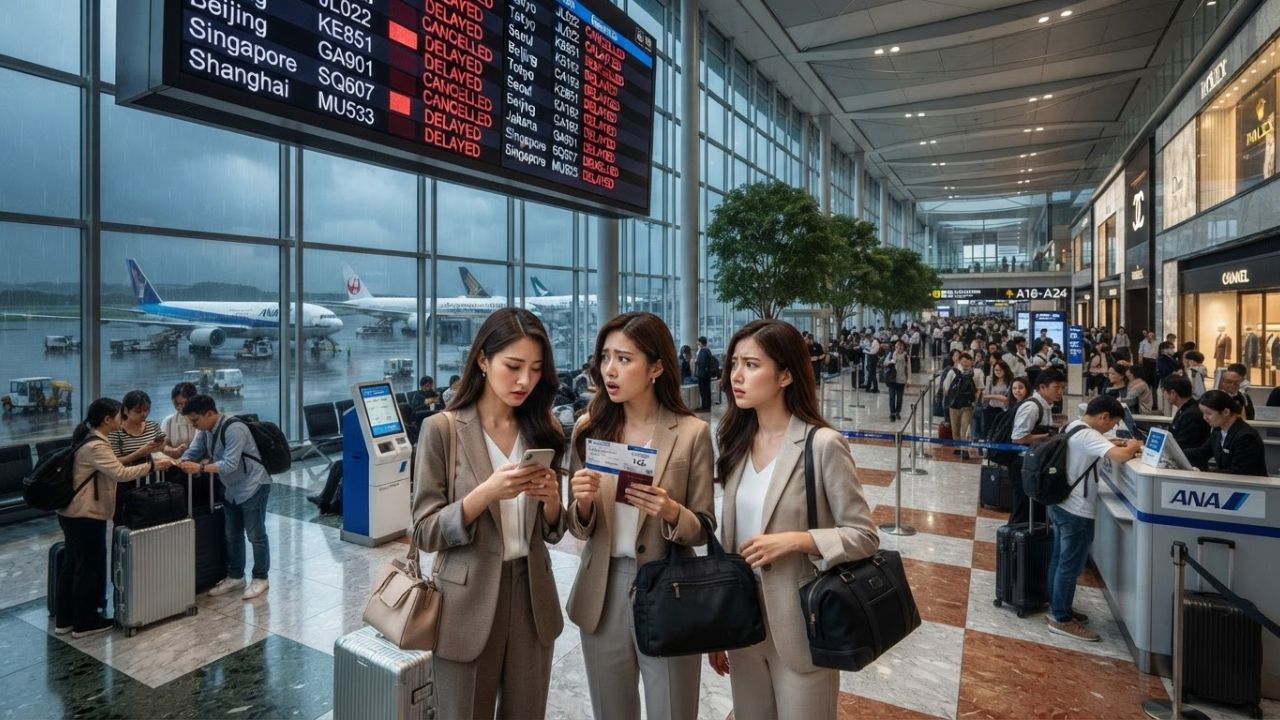 Passengers waiting in front of flight status board showing delayed and cancelled services at a modern international airport