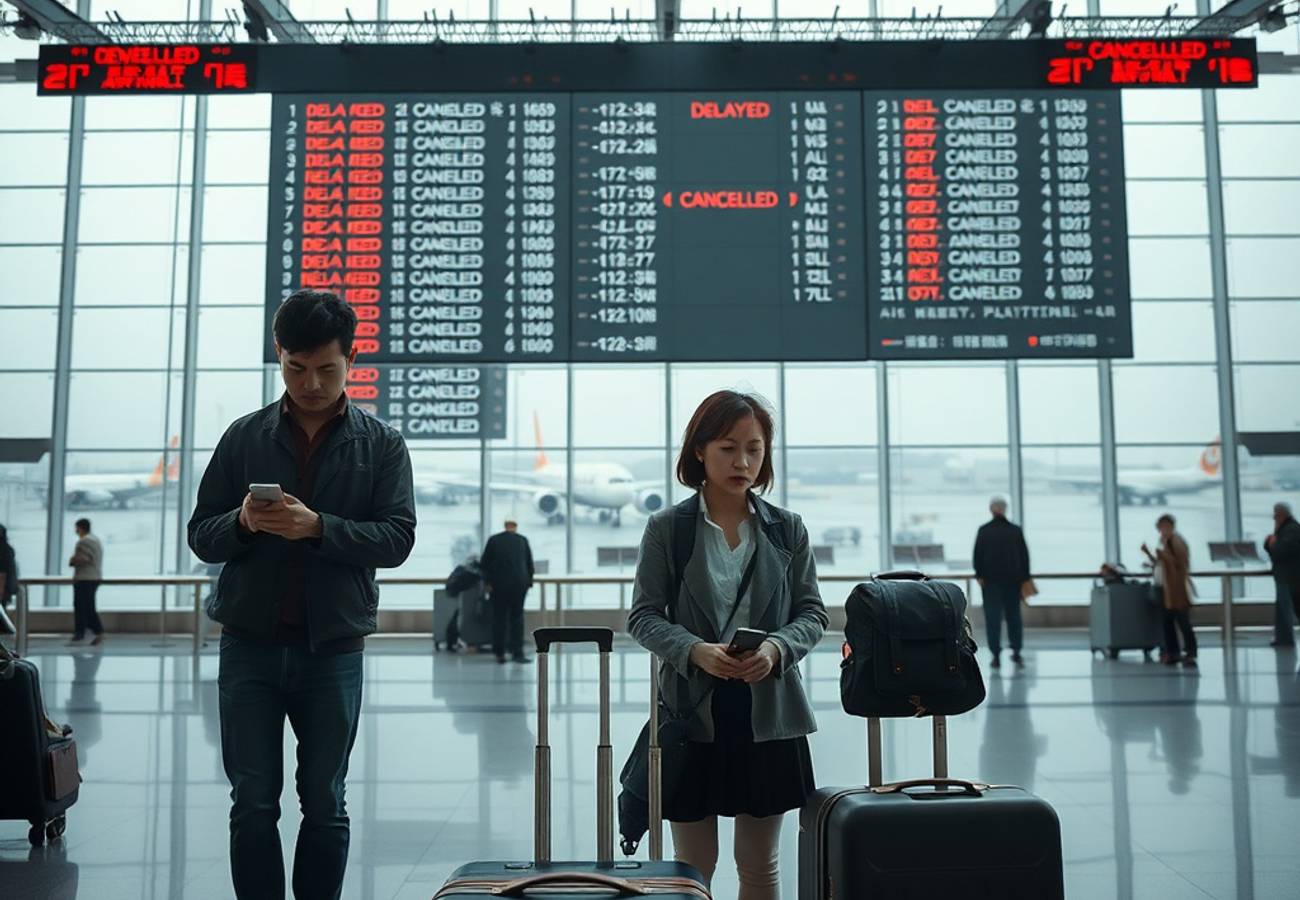 Aerial view of a major Chinese airport terminal during flight disruptions