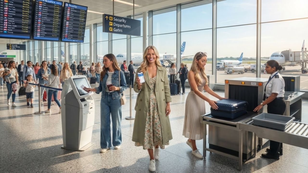 Passengers walking through a modern airport terminal toward check-in counters with digital flight schedules overhead