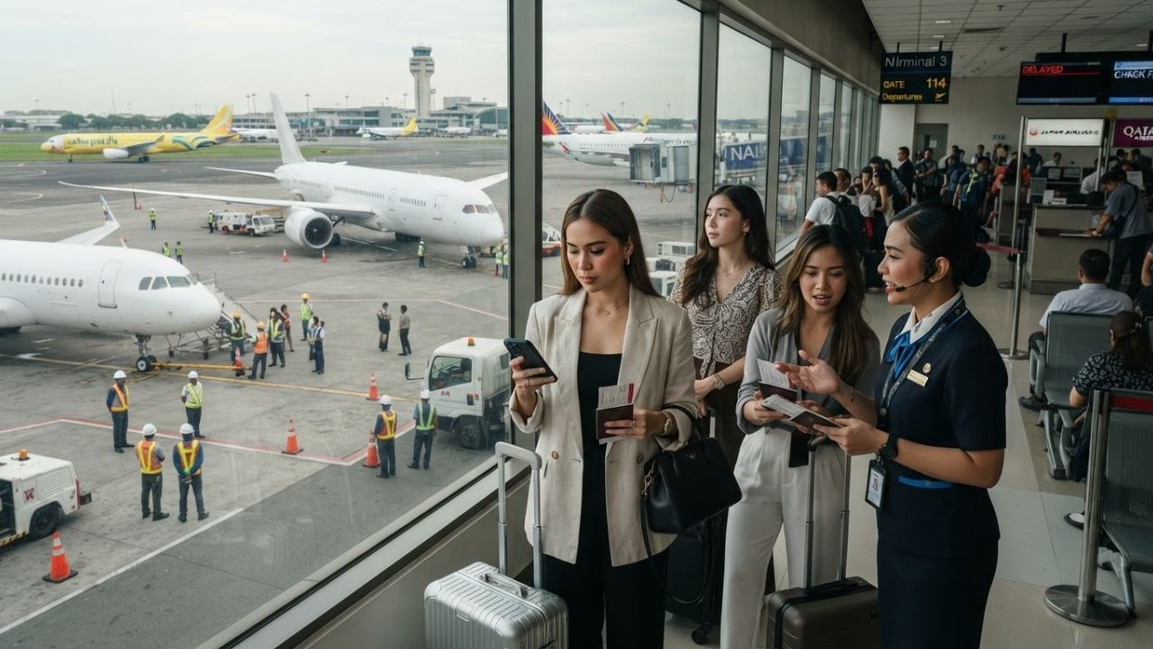 A busy commercial airport tarmac with widebody and narrowbody passenger jets parked at gates
