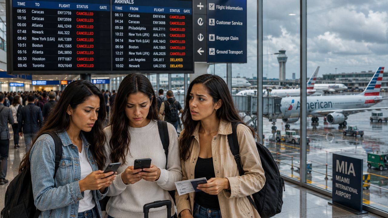 A busy commercial airline terminal with travelers waiting near boarding gates
