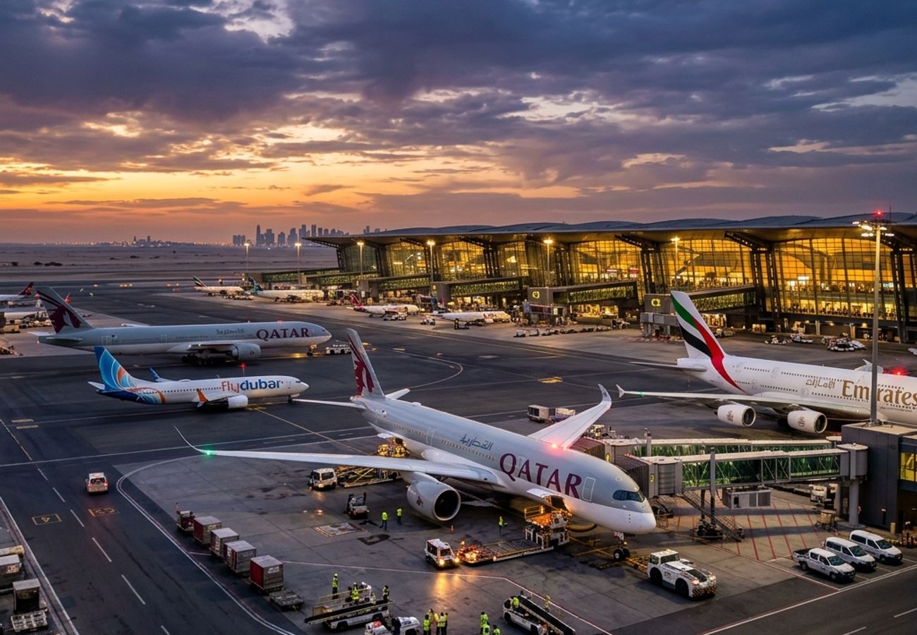 A busy modern middle eastern airport terminal tarmac with grounded commercial aircraft under dramatic desert dusk lighting