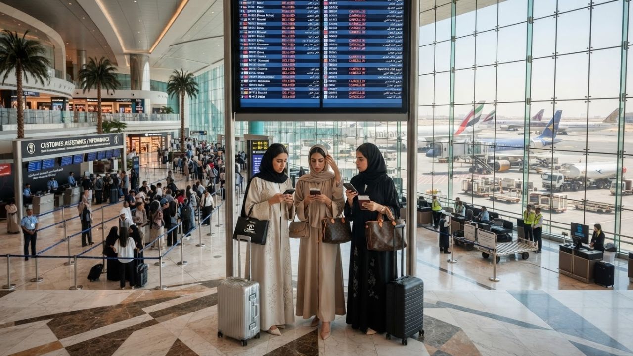 Aviation gridlock showing delayed flights at Dubai International Airport